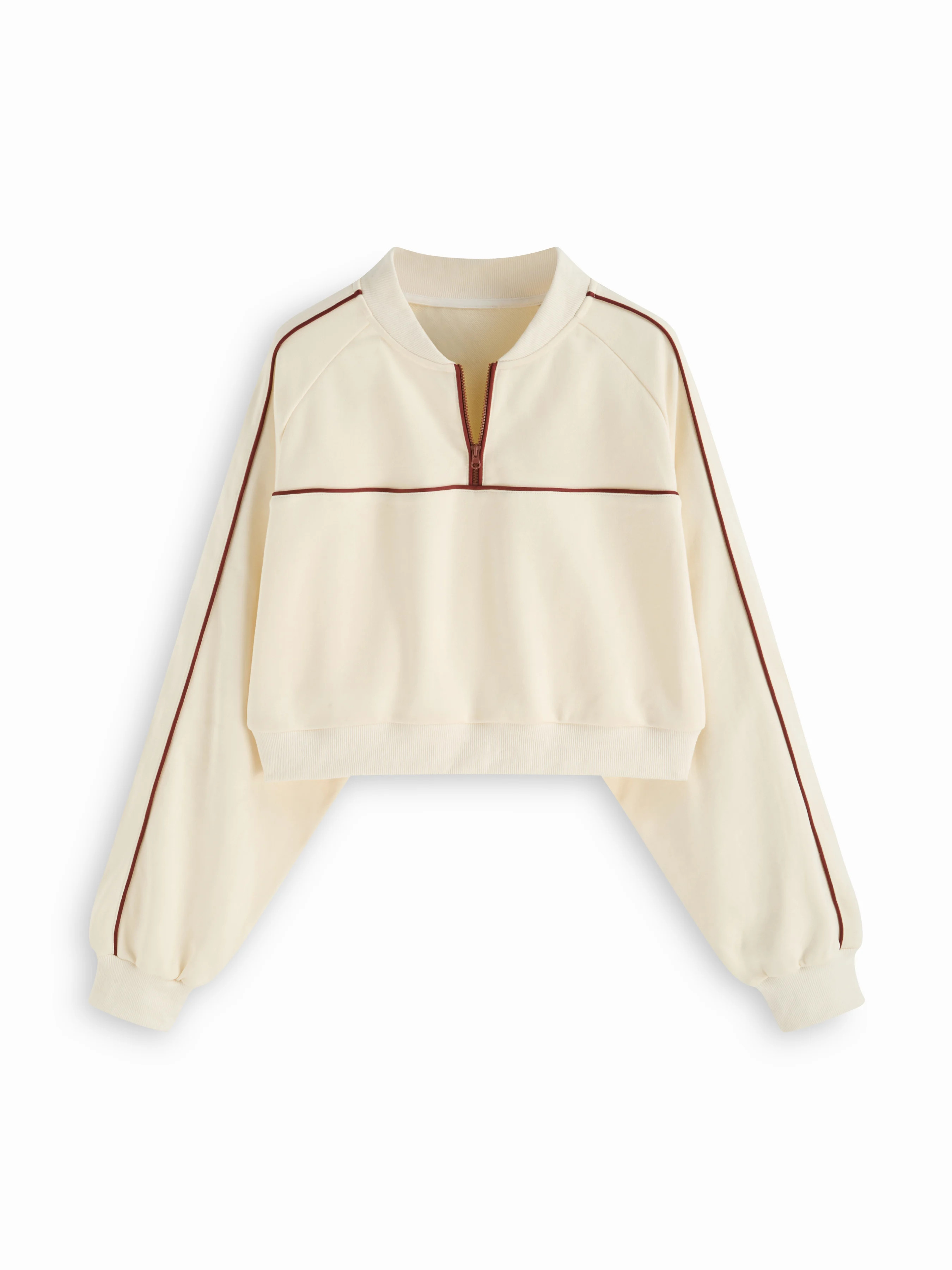 Knit Fabric Cotton-blend Stand Collar Striped Half Zip Oversized Sweatshirt For Daily Casual | Cider