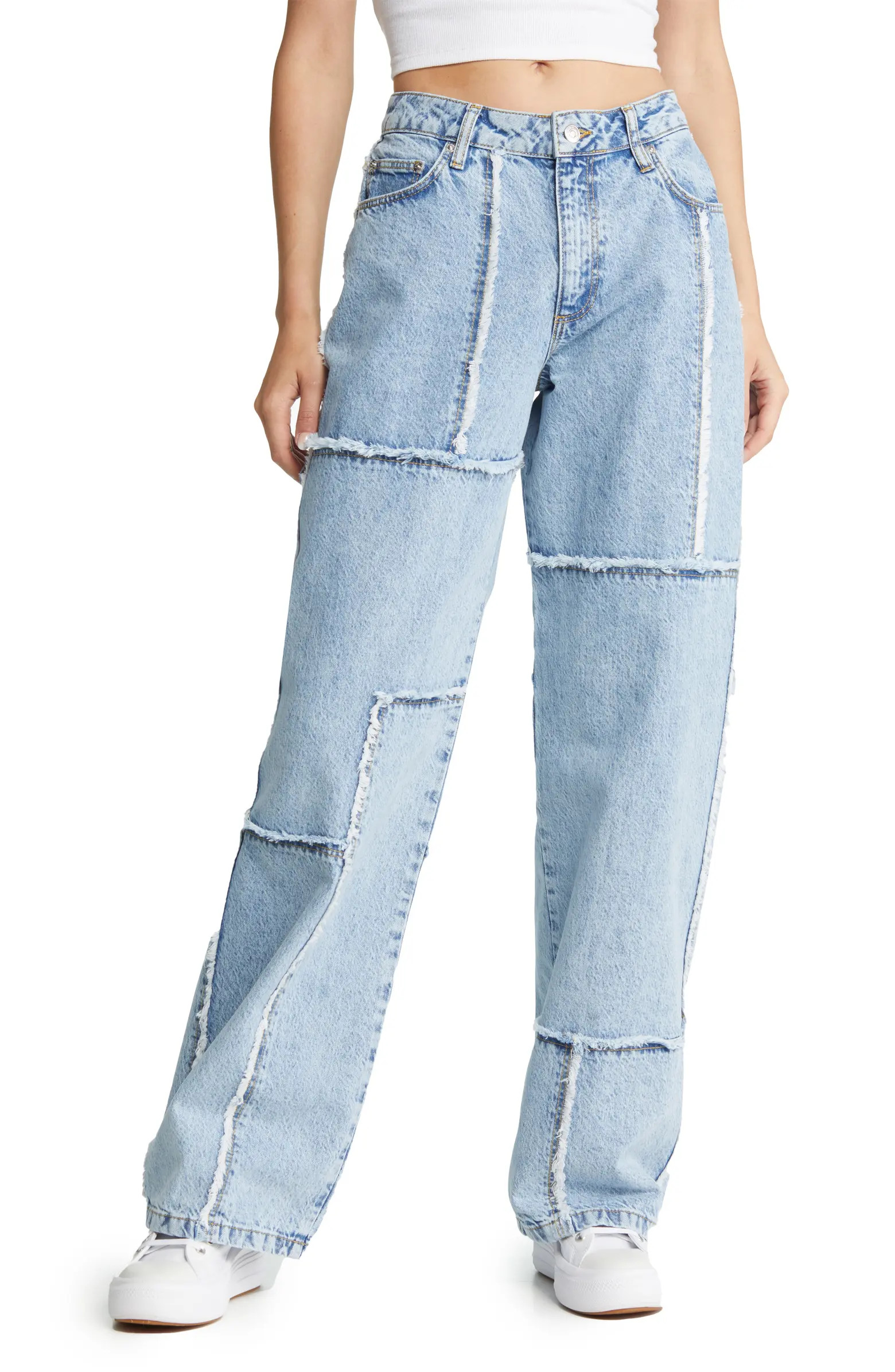 ASOS DESIGN Frayed Relaxed Patchwork Dad Jeans | Nordstrom | Nordstrom