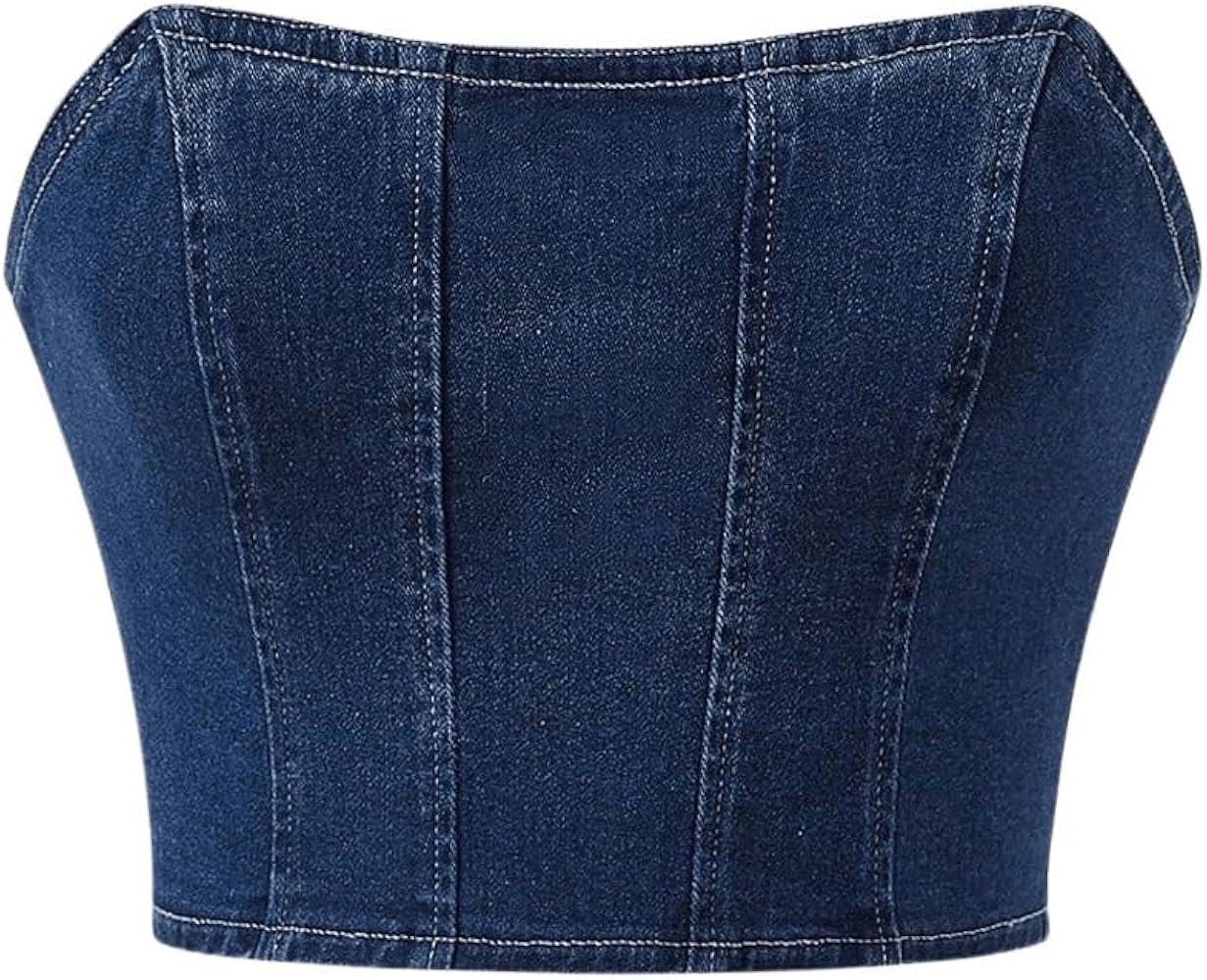 Floerns Women's Denim Zipper Back Strapless Corset Cropped Tube Bandeau Tops | Amazon (US)
