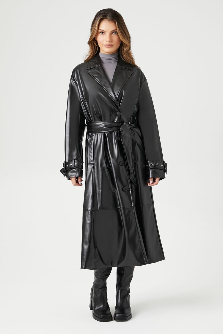 Faux Leather Double-Breasted Trench Coat | Forever 21
