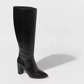 Women's Birgitte Crocodile Print Heeled Tall Fashion Boots - A New Day™ Black 12 | Target