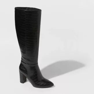 Women&#39;s Birgitte Crocodile Print Heeled Tall Fashion Boots - A New Day&#8482; Black 12 | Target