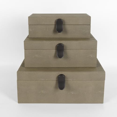 Elegant Set of 3 Green Shagreen Decorative Boxes with Velvet Lining and Brown Handles - Versatile... | Amazon (US)