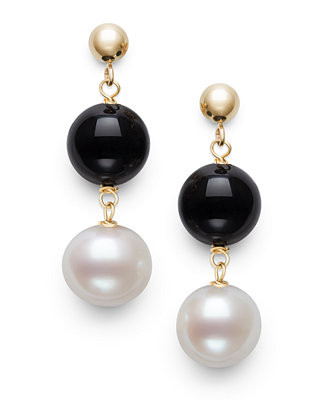 Freshwater Pearl (7.5-8.5mm), Black Onyx and Gold Bead Earrings in 10k Yellow Gold | Macy's