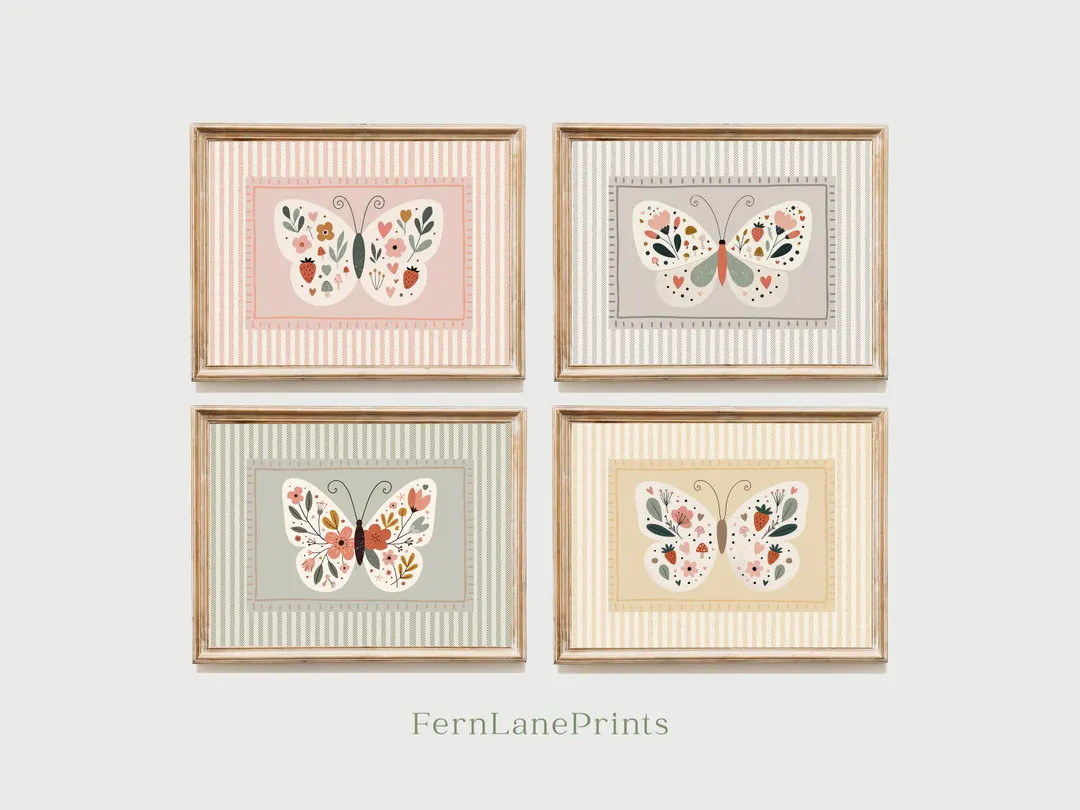 Set of 4 Butterfly Folk Art Prints, Botanical Nursery Wall Art, Girls Room Decor - Etsy | Etsy (Global)