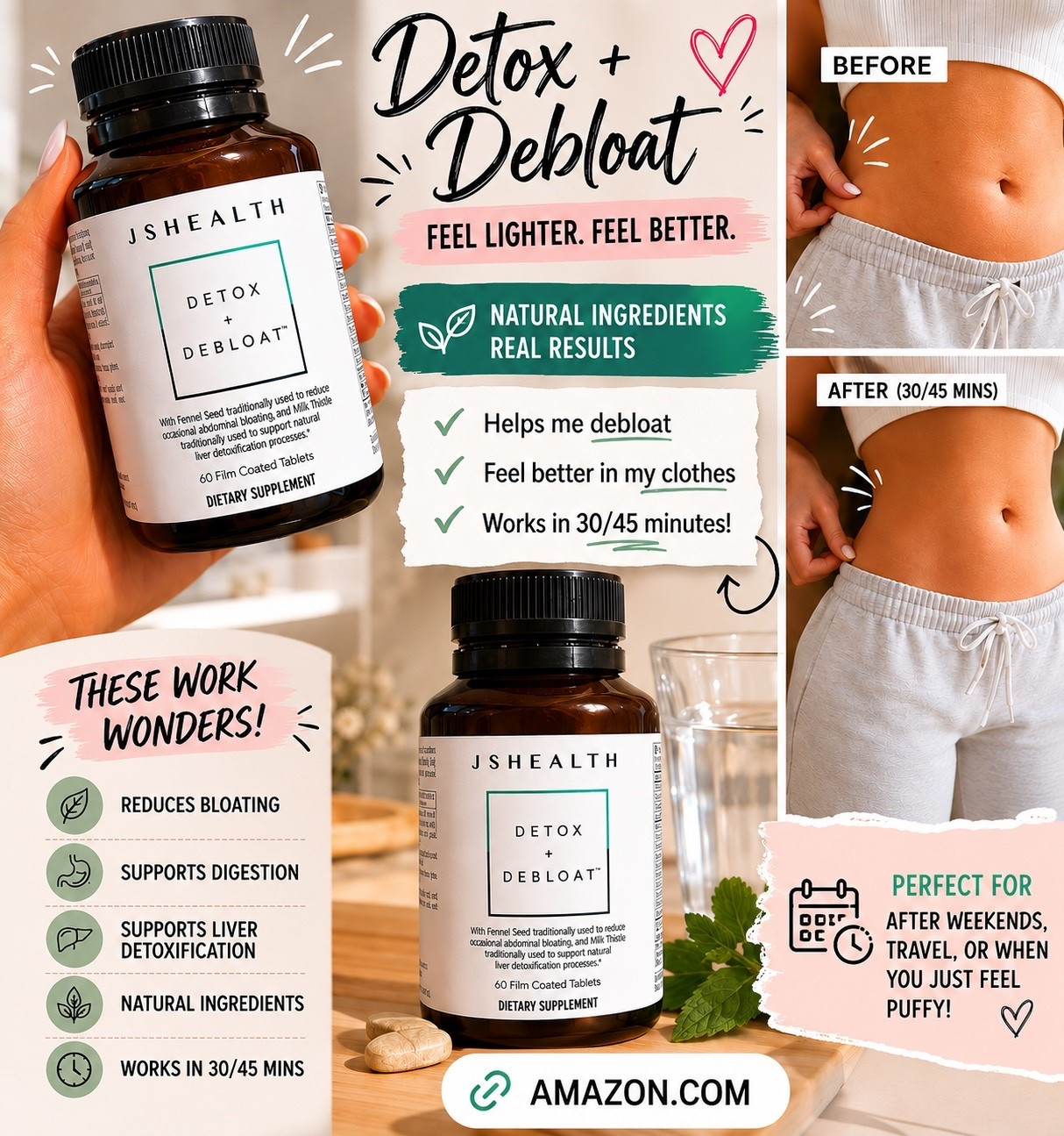 BLOATING? Not anymore 👏✨

These Detox + Debloat pills have been my little secret for feeling lighter, less puffy, and more confident in my clothes fast 🙌 Perfect after a weekend of eating out, travel, or those days when your stomach just feels “off.”

✔️ Helps reduce bloating
✔️ Supports digestion
✔️ Feel better in as little as 30–45 minutes
✔️ Natural support you can actually feel

#LTKselfcare #LTKActive #LTKmomlife