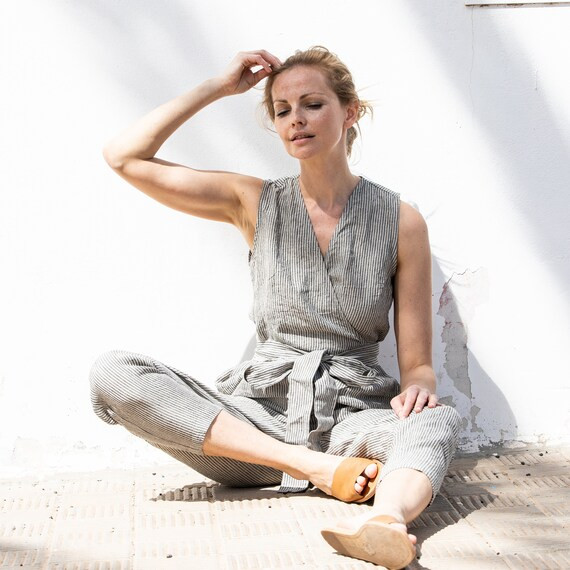 Wrap Linen Sleeveless Jumpsuit / Washed Long Linen Overall / | Etsy | Etsy (US)