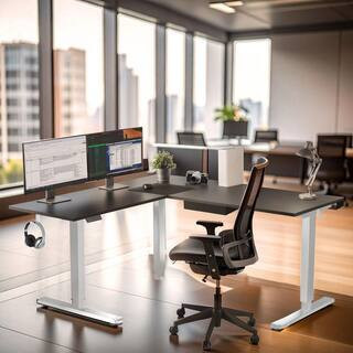 75 in. XL L-Shape Black Tabletop Electric Height Adjustable Corner Standing Desk with Drawer-White Base | The Home Depot