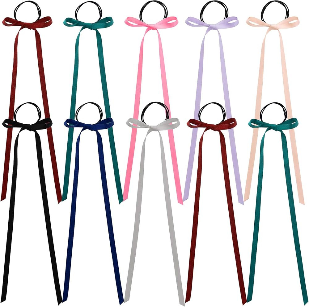 PAGOW 10 Pieces Long Silk Ribbon Hair Bands, Colourful Hair Scarf with Bow Silk Hair Ties, Satin ... | Amazon (US)