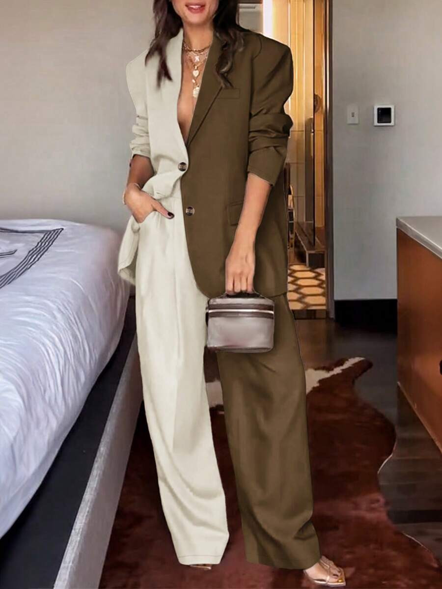 Women's Casual Versatile Commuter Colorblock Long Sleeve Blazer Suit Set, All Season | SHEIN