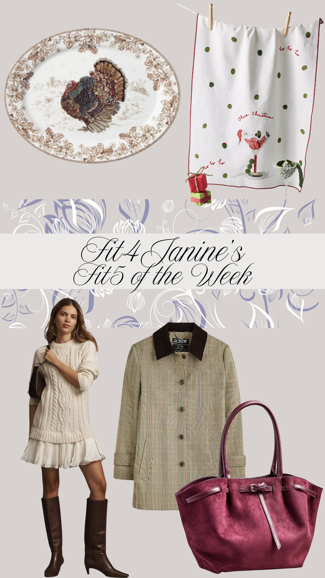 From Thanksgiving hosting, to fun-filled gifts, and pieces to have you embracing the season, this week's "Fit5" will have you totally in the mood!

Fit4Janine, Platters, Williams Sonoma, Entertaining, Tea Towels, Anthropologie, Sweater Dress, J.Crew, Barn Jacket, Handbag, Faux Suede 

 #LTKGiftGuide #LTKHoliday #LTKStyleTip