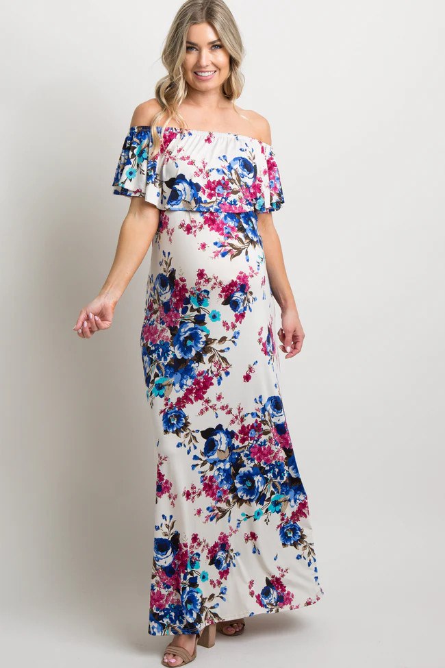 PinkBlush Ivory Floral Ruffle Off Shoulder Maternity Maxi Dress | PinkBlush Maternity