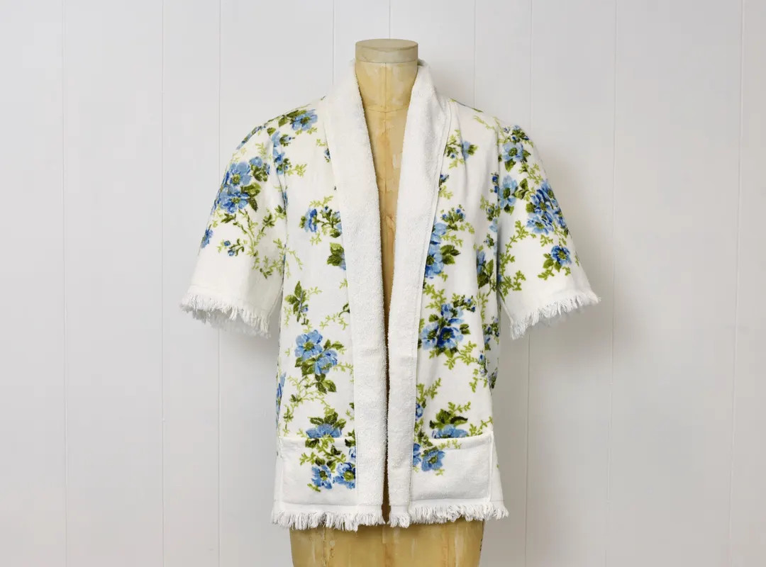 1960s Style Blue Green Floral Print Cotton Handmade Upcycled Vintage Towel Cover up Top Blouse Sh... | Etsy (US)