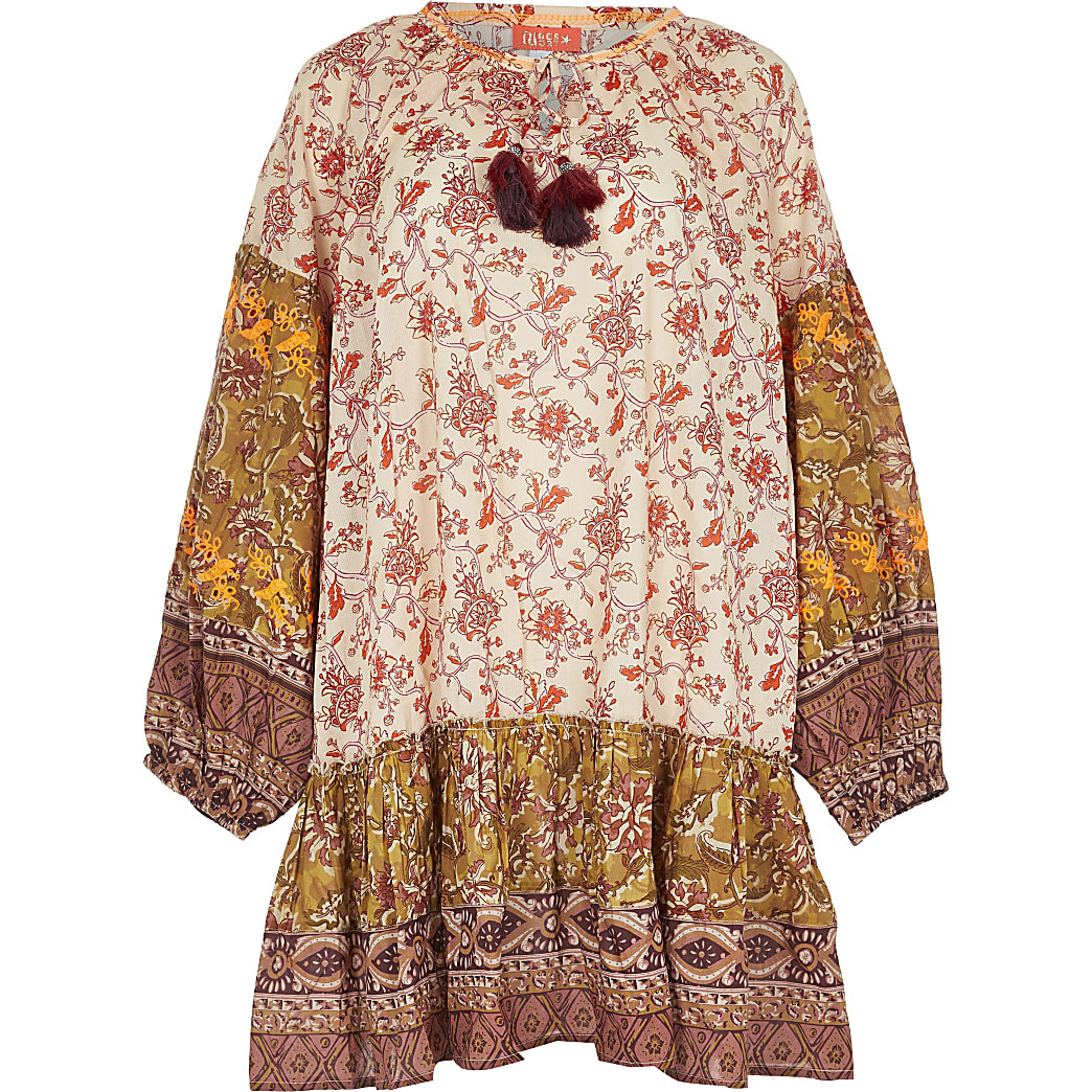 Orange floral print smock beach dress | River Island (US)