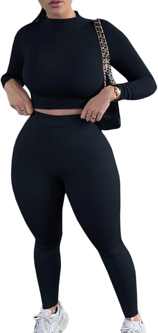 Mulisky Women’s Casual 2 Piece Outfits Sexy Bodycon Long Sleeve Crop Top with Long Pants Tracksuit S | Amazon (US)