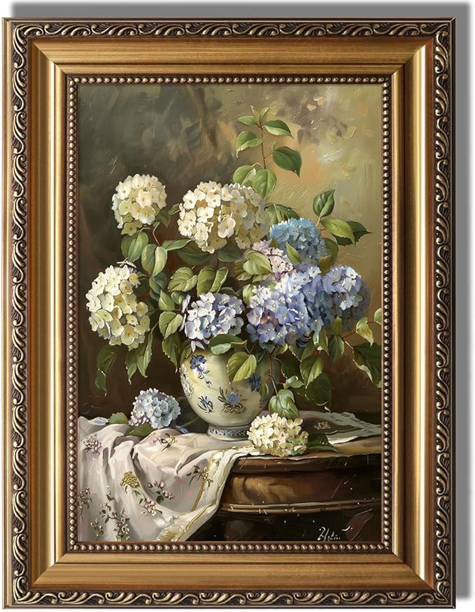 KBKBART Vintage Framed Wall Art for Living Room - Moody Blue and White Hydrangeas Flower Canvas O... | Amazon (US)