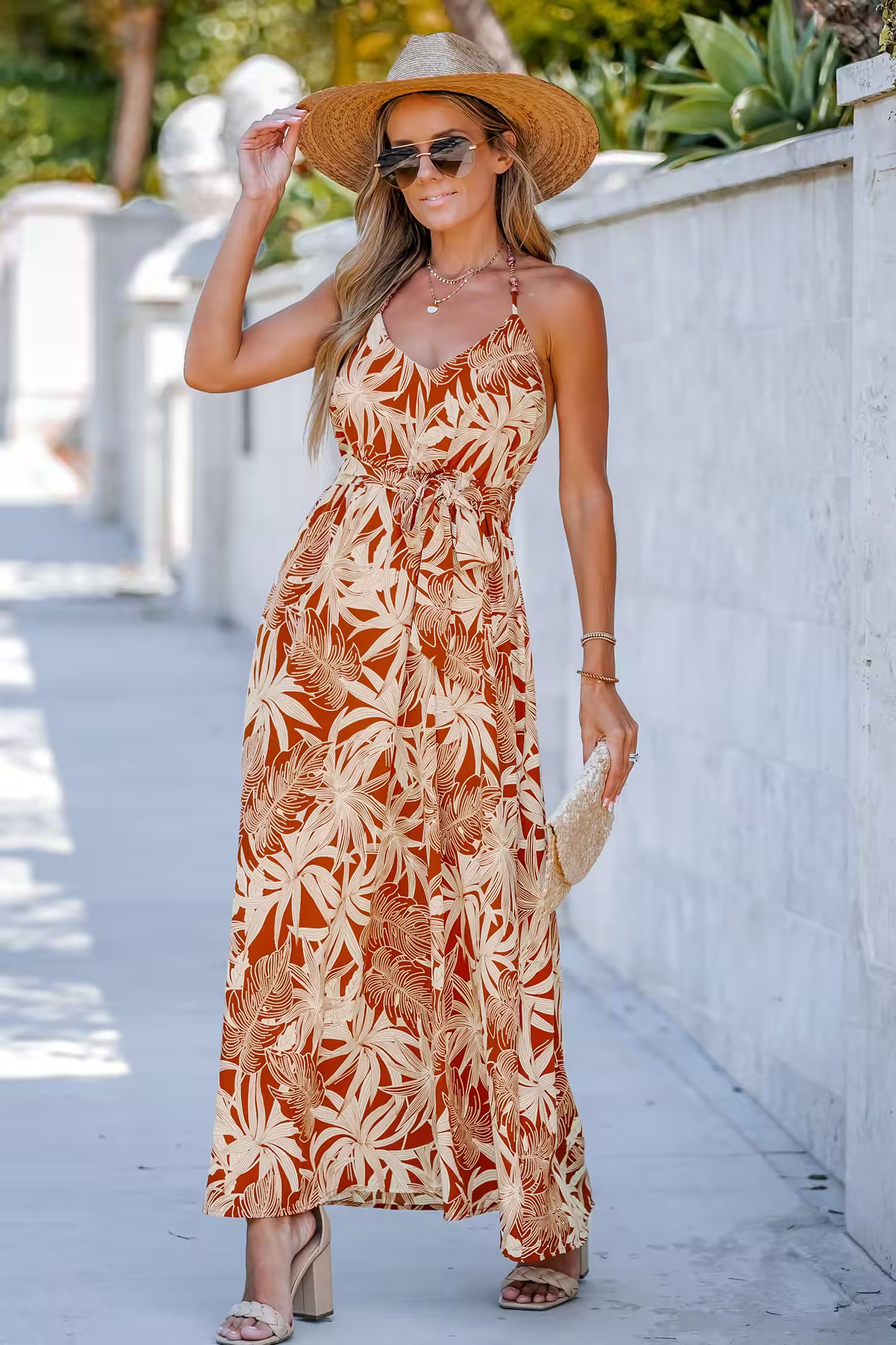 Belted Tropical Leaf Print Halter Dress | Cupshe US
