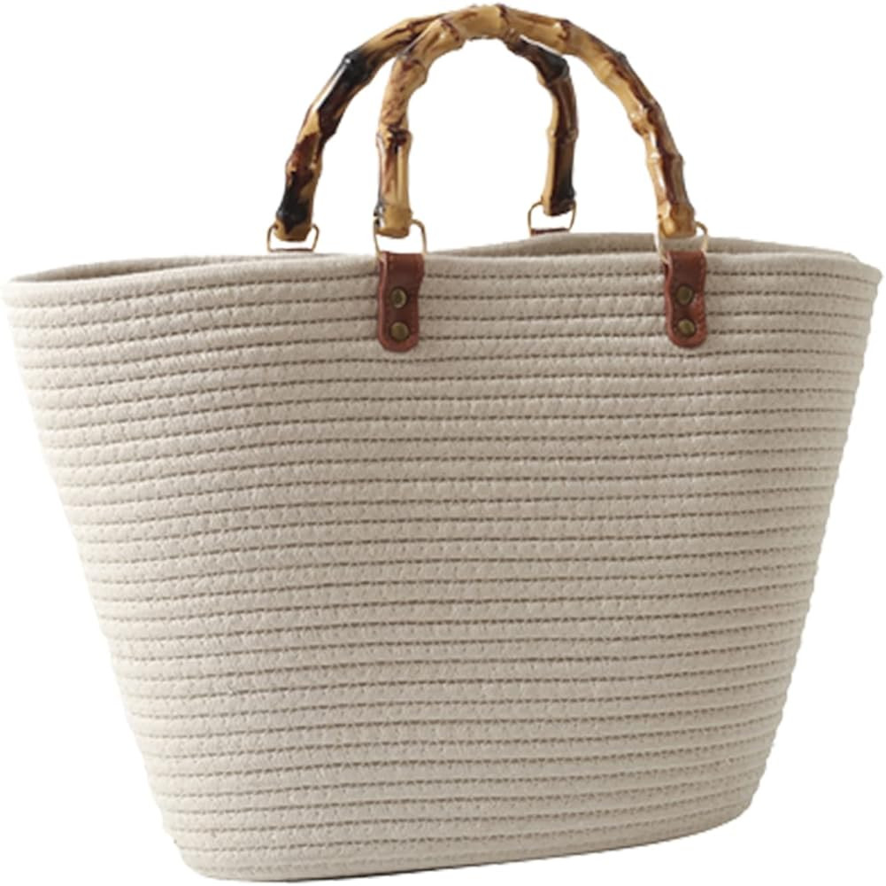 Straw Beach Bag, Straw Tote Bag for Women with Bamboo Handles Summer Vacation Woven Beach Bag Sho... | Amazon (US)