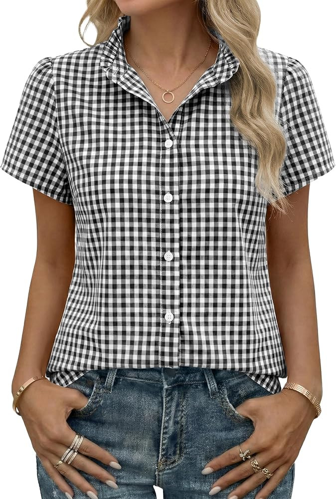 Funlingo Women's Striped Button Down Shirts Summer Short Sleeve Tops Ruffle Collar Work Blouses B... | Amazon (US)
