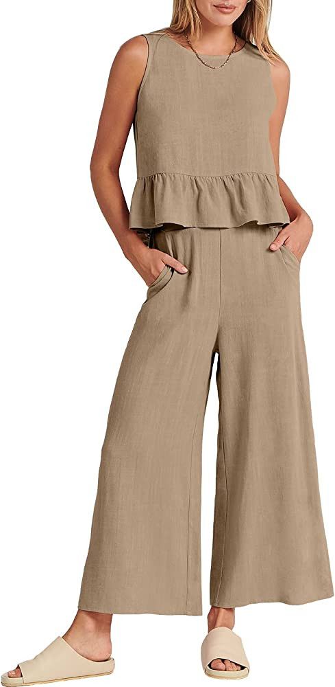 ANRABESS Women's Summer 2 Piece Outfits Sleeveless Ruffle Tank Crop Top & Wide Leg Pants Lounge S... | Amazon (US)