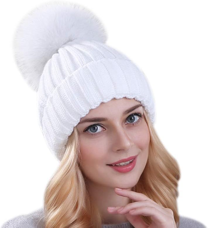 Womens Girls Knitted Fur Hat Real Large Silver Fox Fur Pom Pom Beanie Hats | Amazon (US)