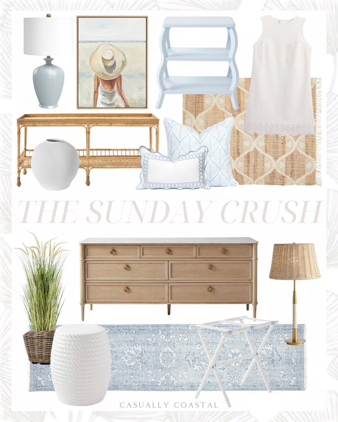 The Sunday Crush! 

Coastal home decor, coastal rug, coastal wall art, coastal vase, coastal pillows, coastal lamp, coastal side table, table vase, Serena & lily rug, neutral rug, Tuileries rug, bamboo luggage rack, Serena & lily dresser, coastal dresser, blue table lamp, rope stool, rattan console, coastal console, rattan table lamp, blue rug, hand-knotted rug, 4ft horsetail reed grass, Amazon faux plant, rattan indoor outdoor planter, beehive side table, eyelet hem mini shift dress, coastal dress, white dress, Amazon pillow covers, blue and white pillow covers 

#LTKSaleAlert #LTKHome