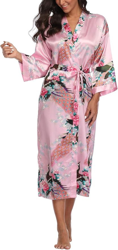 Women's Kimono Robe Peacock & Blossom Robe Wedding Satin Bathrobe Nightgown | Amazon (US)