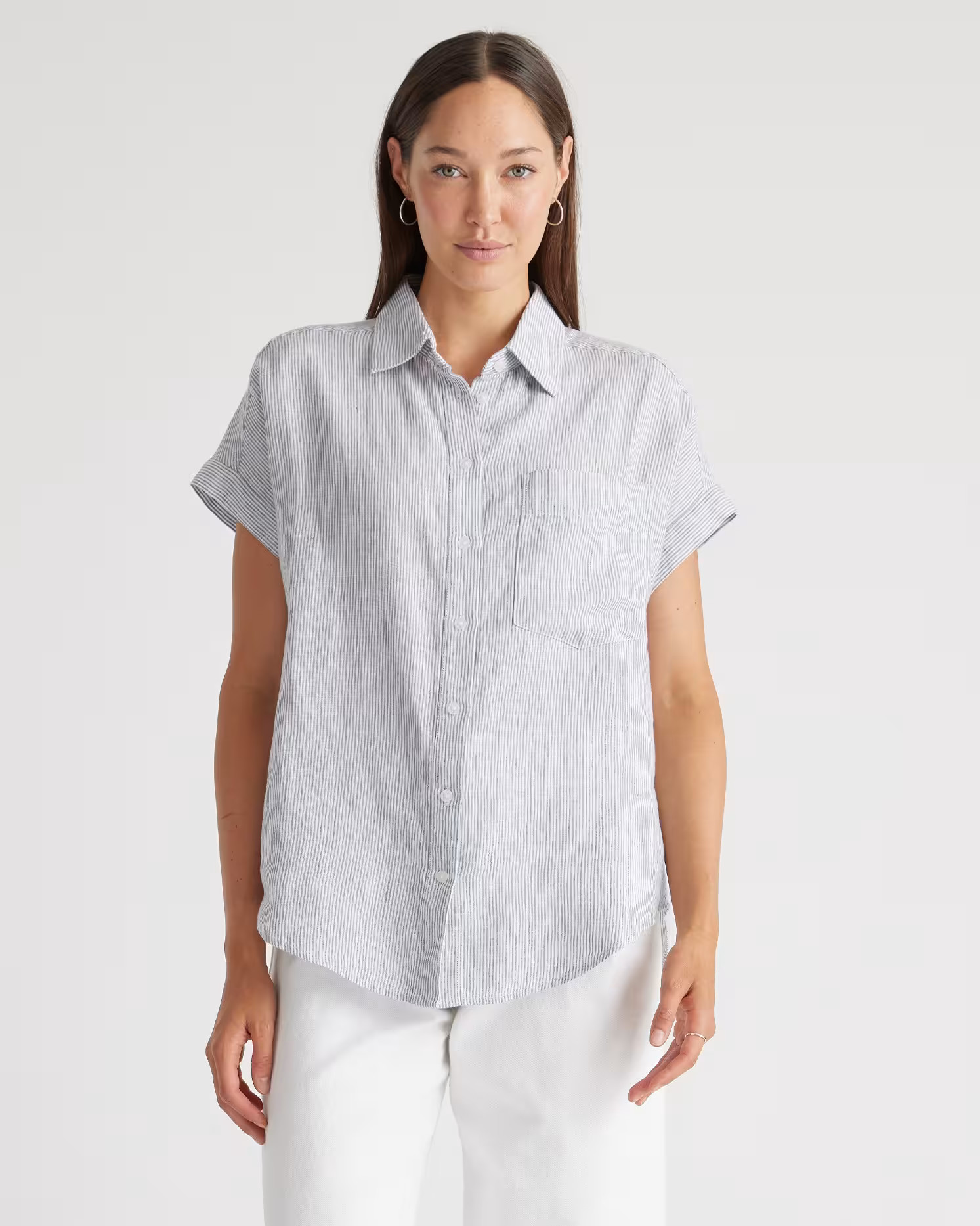 100% European Linen Camp Shirt in Blue Pinstripe | Quince