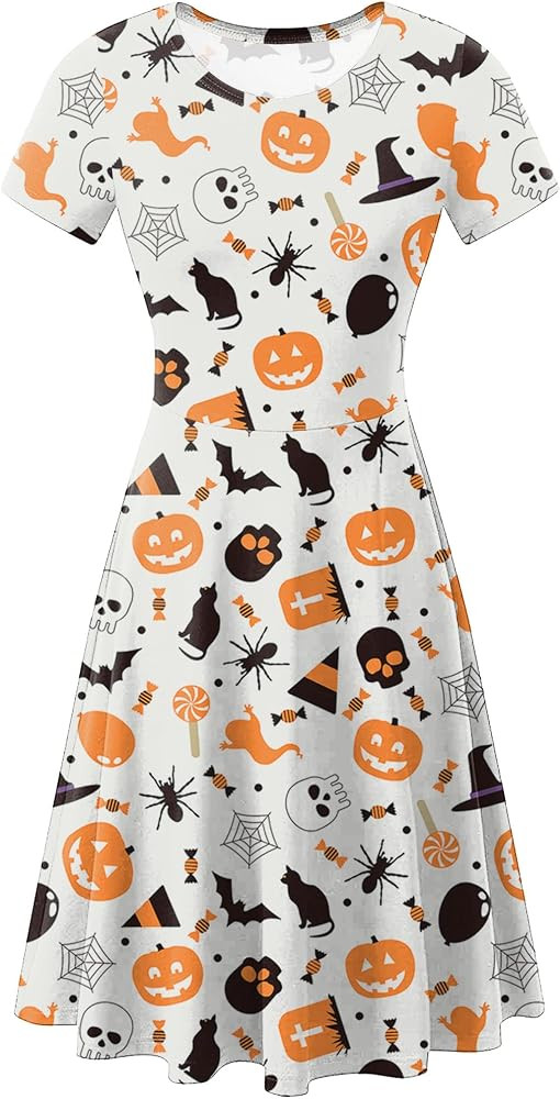 Women Halloween Short Sleeves Printed Dress Vintage Style A-Line Party Dresses | Amazon (US)