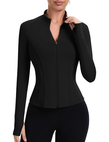 ZHENWEI Gym Clothes for Woman Cropped Workout Long Sleeve Jackets Athletic Full Zip Up Tops with Thumb Holes (Black, S) | Amazon (US)