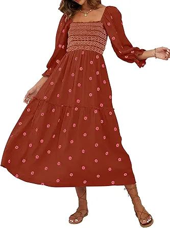 Bairmild Women's Flower Embroidered Maxi Dress Flowy Lantern Puff Sleeve Square Neck Casual Sprin... | Amazon (US)