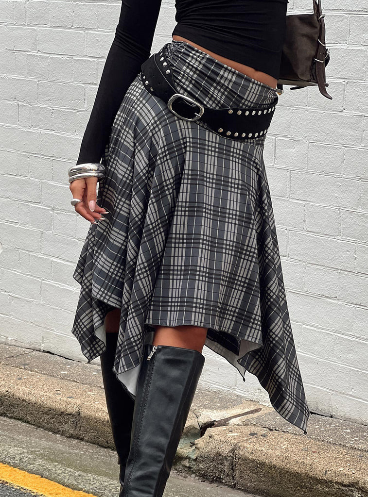 Scholar Asymmetrical Midi Skirt Grey Check | Princess Polly US