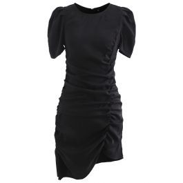 Puff Shoulder Ruched Bodycon Dress in Black | Chicwish