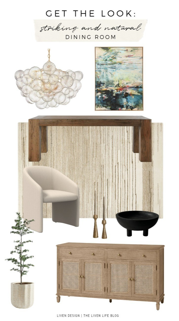 Modern dining room. Upholstered dining chair. Wood dining table. Glass globe cluster chandelier. Bubble chandelier. Abstract art. Modern art. Neutral textured rug. 

#LTKSeasonal #LTKHome #LTKSaleAlert