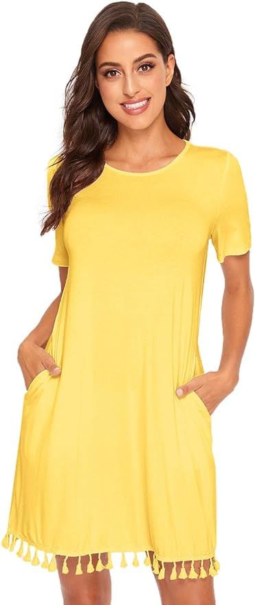 Romwe Women's Summer Short/Long Sleeve Pocket Tassel Hem Loose Tunic T-Shirt Dress | Amazon (US)