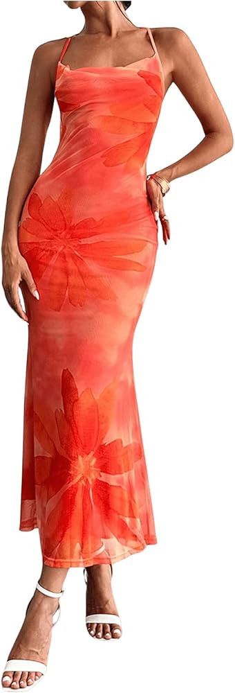 GORGLITTER Women's Floral Mesh Open Back Fishtail Maxi Dresses Summer Vacation Birthday Wedding G... | Amazon (US)