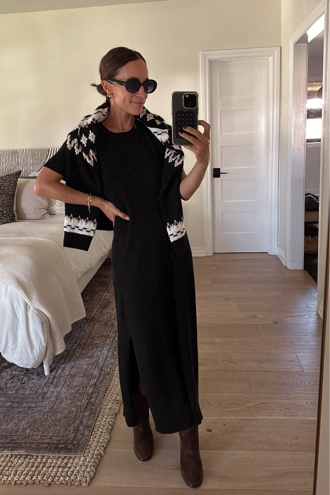 @bloomingdales friends and family sale is going on right now- 25% off a wide selection of items 
This cashmere dress is part of the sale- I went up a size for a looser and longer fit 
And this fair isle cardigan is also part of the sale (tts with a longer fit) 
I’m a 6.5 in shoes and have a 7 in the boots. 
#ad #bloomingdale’s 

#LTKOver40