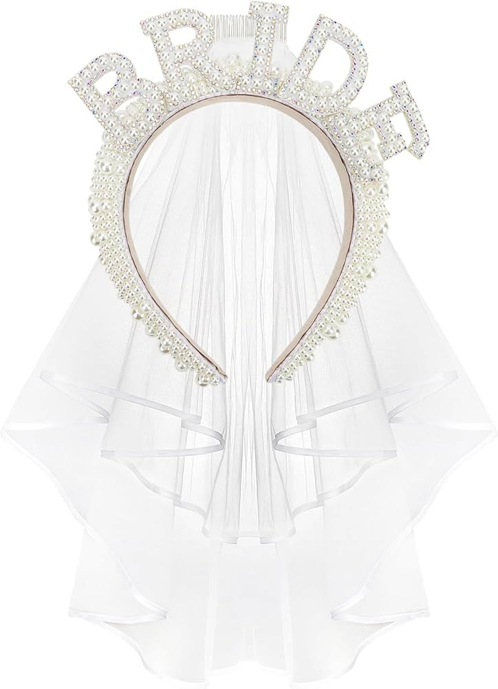 Jaciya Pearl Bride Headband with Veil - Bridal Shower and Bachelorette Party Decoration Gift | Amazon (US)