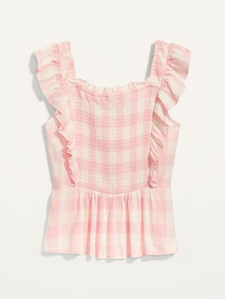 Sleeveless Ruffle-Trim Smocked Gingham Blouse for Women | Old Navy (US)