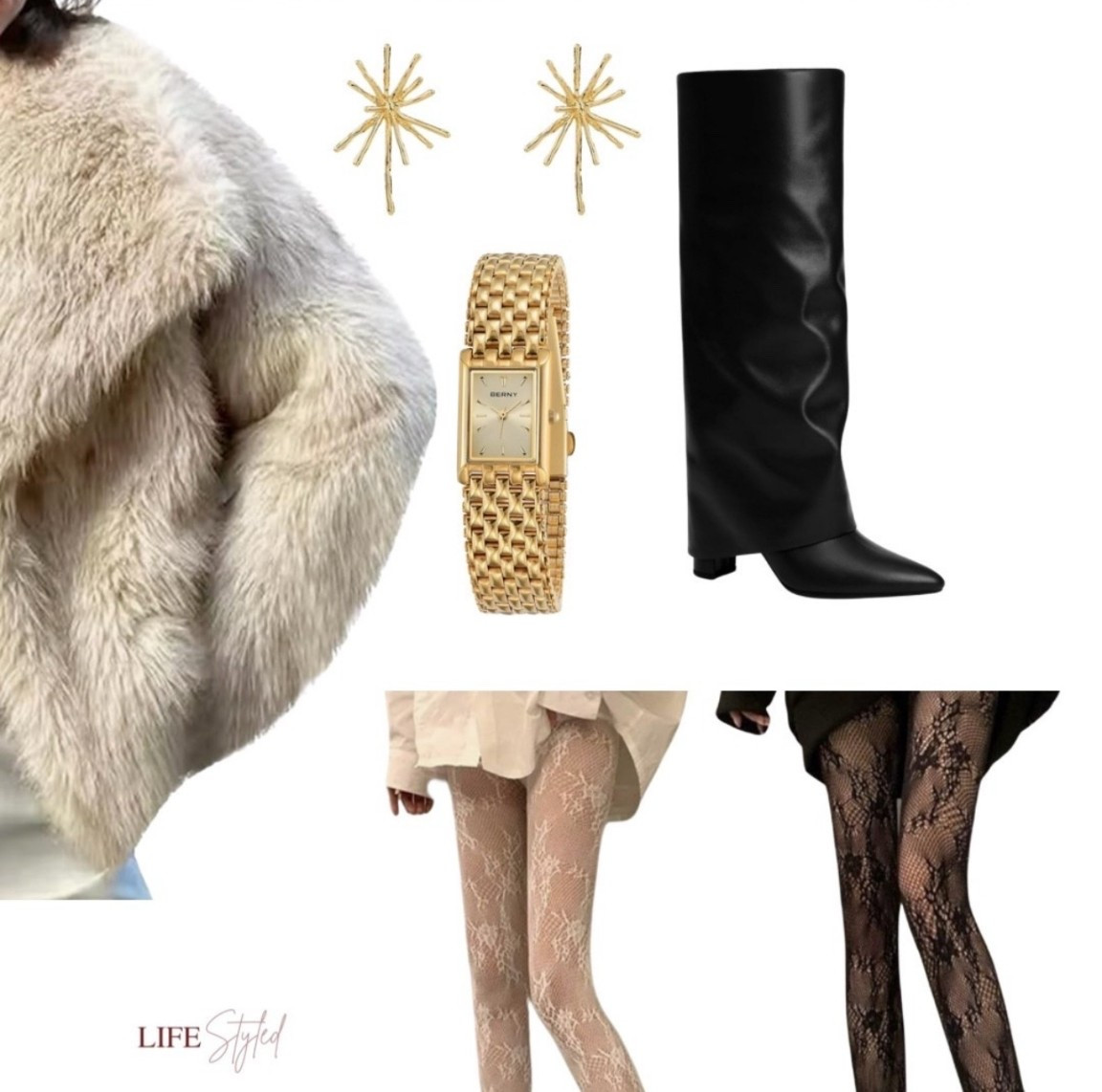 Serving holiday sparkle from head to toe 🎇 A plush faux fur coat, fold over boots, lace pantyhose, fireworks studs, and the prettiest gold timepiece… This look is all about luxe textures. Black Friday/Cyber Monday preview finds and such a great gift moment for anyone who loves a little glam.

#LTKHoliday #LTKGiftGuide #LTKCyberWeek