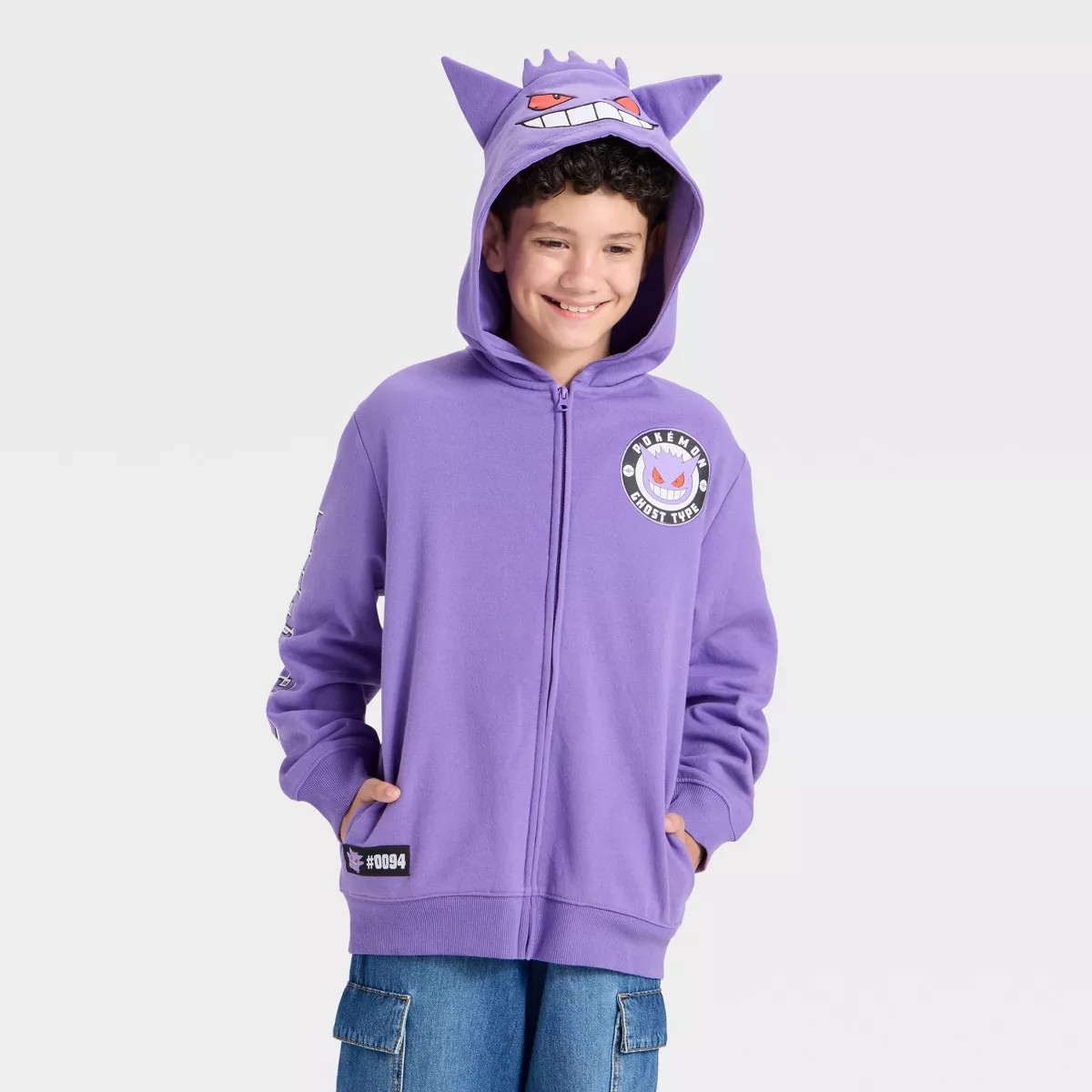 Boys' Pokemon Gengar Hooded Character Full Zip Fleece Sweatshirt - Purple XS | Target