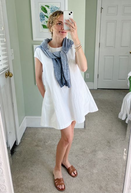 White swing dress with a navy summer sweater! Todays work from home outfit - perfect as the weather warms up🤗

// coastal style, spring and summer workwear, white mini dress

#LTKworkwear #LTKSeasonal #LTKfindsunder100