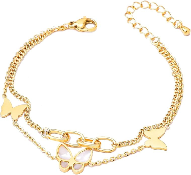 Butterfly Gold Bracelets for woman 14K Gold Plated Dainty Cute Tiny Adjustable Stainless steel Br... | Amazon (US)