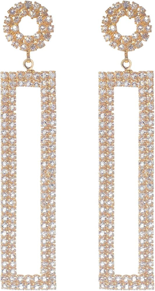 Ceomate 14K Gold Plated Rhinestone Long Drop Earrings, Geometric Rectangle Hypoallergenic Jewelry... | Amazon (US)