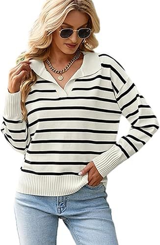 Women Striped Sweater Polo V Neck Long Sleeve Loose Sweater Knit Pullover Jumper Tops | Amazon (US)