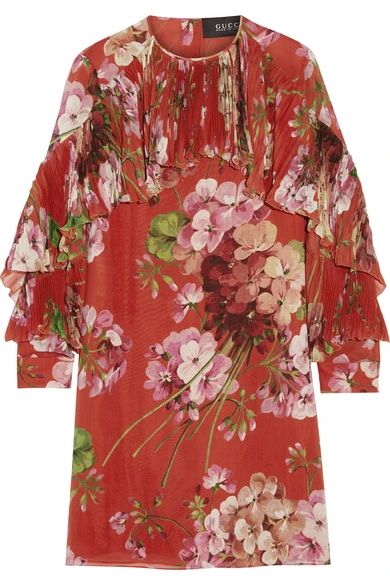 Gucci - Floral-print Silk-georgette Mini Dress - Brick | NET-A-PORTER (US)