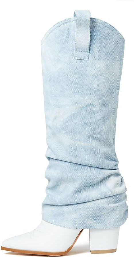 Knee High Boots for Women Fold over Cowboy Boots Pointed Toe Pull on Cowgirl Western Boots Stacke... | Amazon (US)