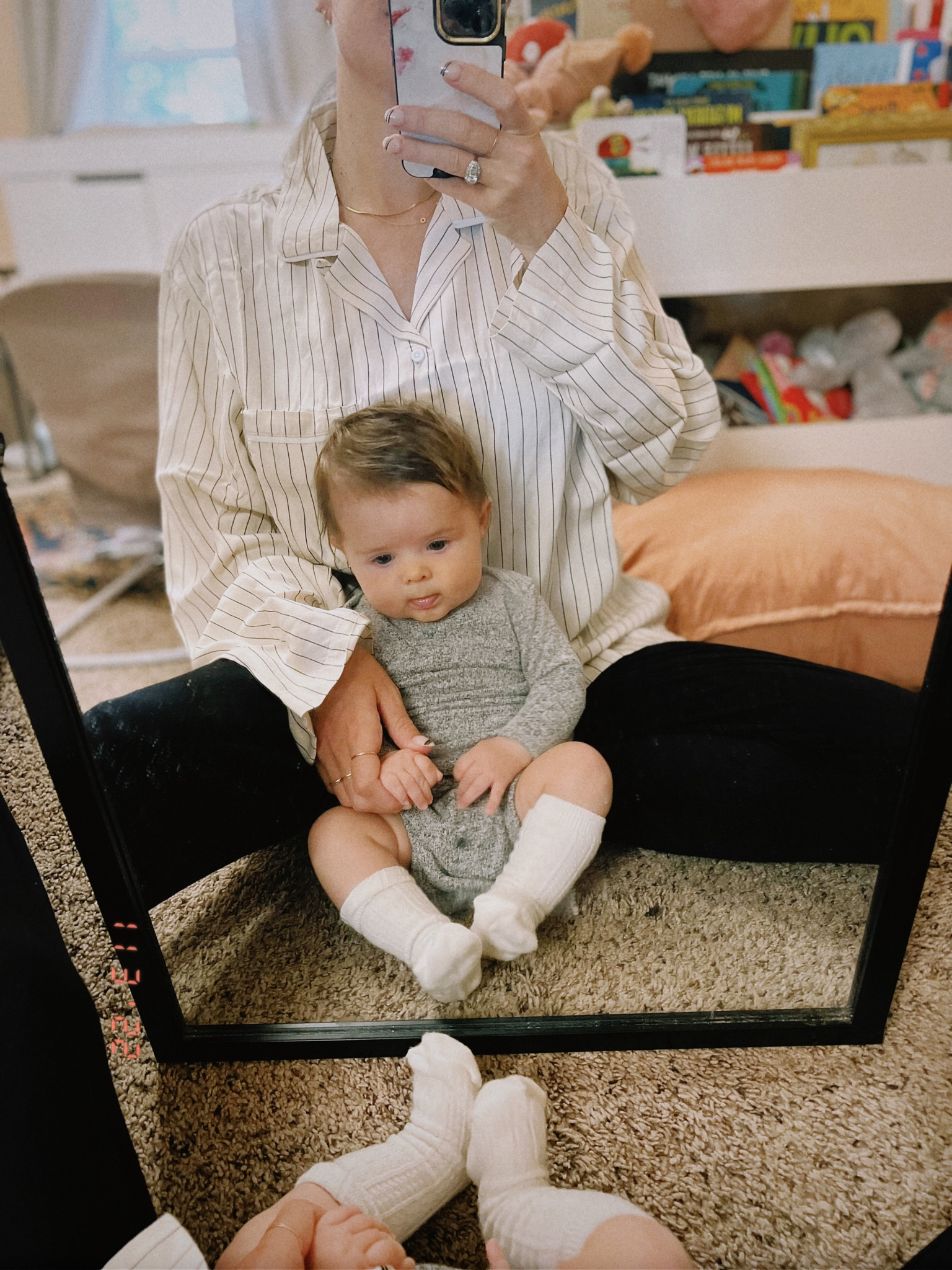Baby knee socks. 3 month old outfit. Baby gown. Mom style. Real mom outfit, everyday style. Button down with joggers. 

#LTKbaby #LTKstyletip #LTKfamily