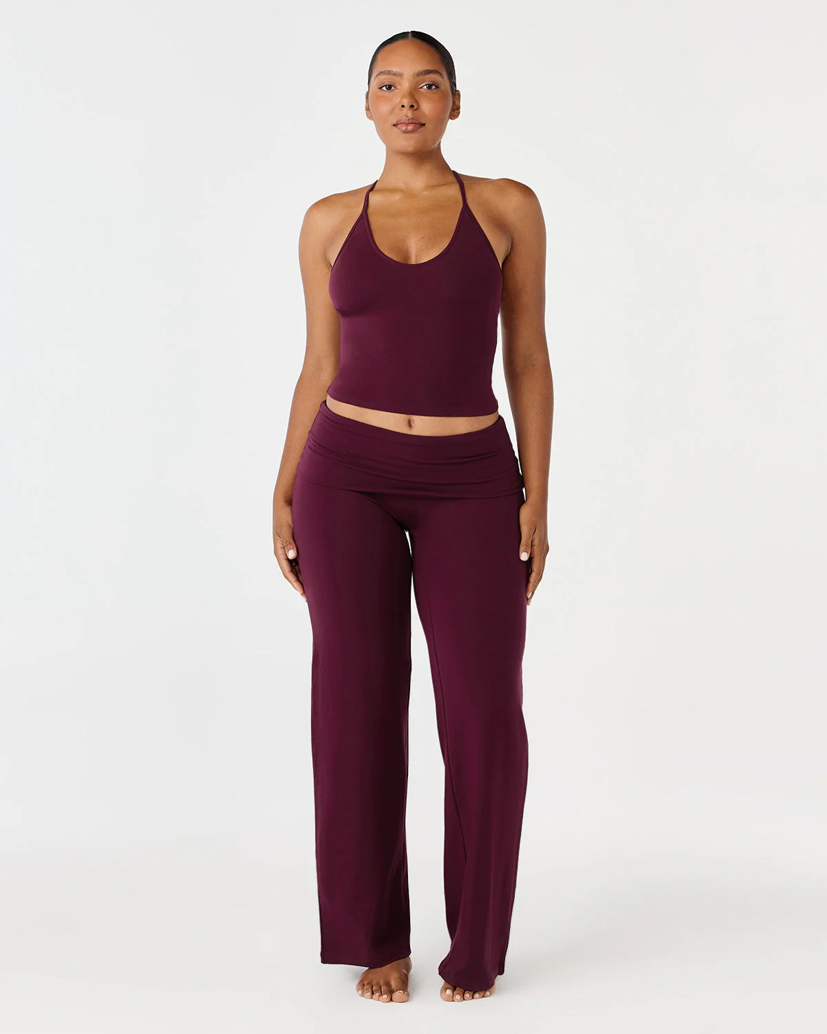Foldover Jersey Straight Leg Pants | Deep Berry | Crop Shop Boutique US