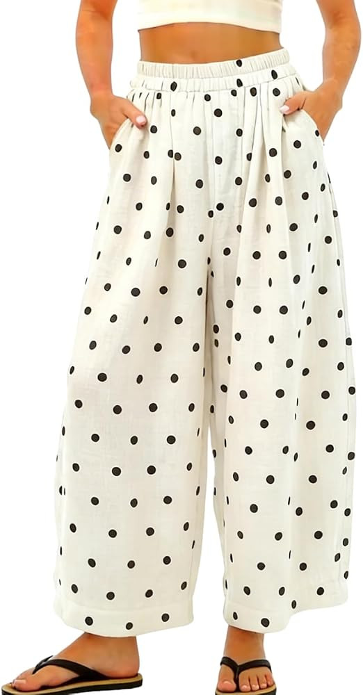 chouyatou Women Summer Boho Cotton Linen Polka Dot Pants Beach Elastic Waist Palazzo Wide Leg Bar... | Amazon (US)
